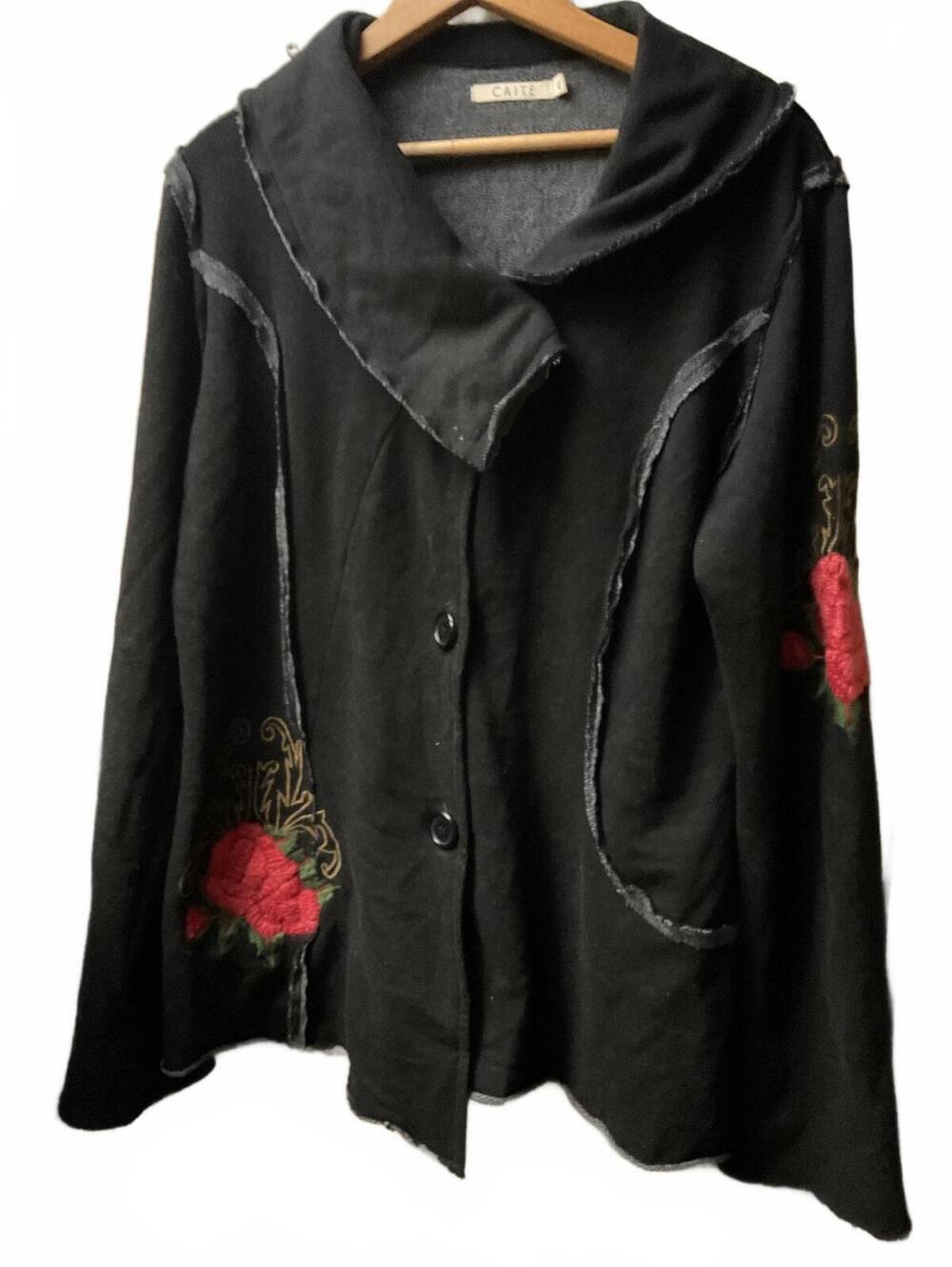 Caite Black Button-Up Jacket with Red Floral Embroidery/ Raw Edges